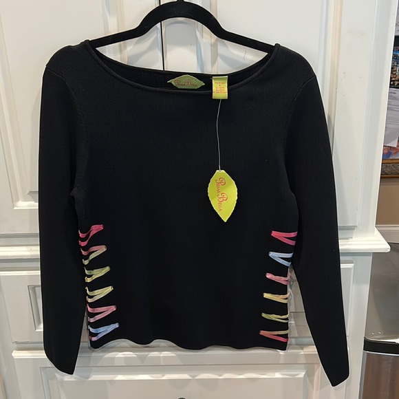 NWT! Vintage 2000 Prima Bella Black Knit Top w/ Satin Ribbon on sides - Picture 1 of 8